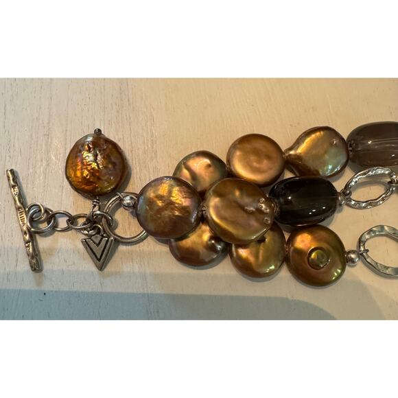 Retired Silpada Bronze Pearl Smokey Quartz 3 strand Sterling Silver Bracelet - Picture 4 of 7